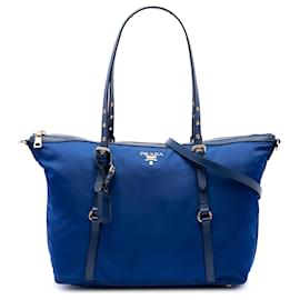 Borsa Tote Convertibile con Cerniera Prada in Tessuto con Rifiniture in Saffiano Blu