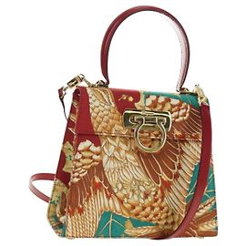 Salvatore Ferragamo Gancini Hand Bag Canvas 2way Red Gold