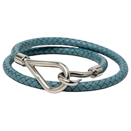 Hermès Double Tour Armband Jumbo Hook aus geflochtenem Leder, blau palladiumplatiert