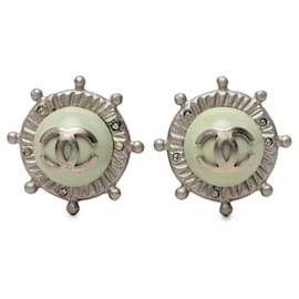 Chanel Silver CC Brass Strass Faux Pearl Nautical Helm Clip-On Ohrringe