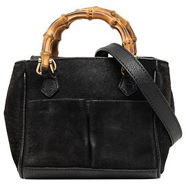 Borsa Satchel Mini in Camoscio Nero con Bambù Gucci