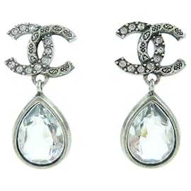 Chanel Silver CC Brass Strass Teardrop Drop Push Back Ohrringe
