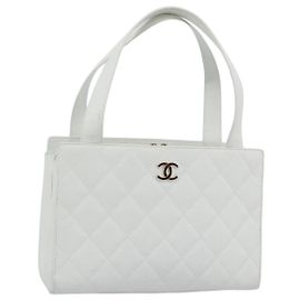 CHANEL Hand Bag Lamb Skin White Gold CC
