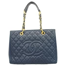 Borsa Tote Chanel in vitello grana blu navy