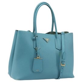 Borsa Tote PRADA Pelle Saffiano 2 vie Blu Chiaro Oro Auth 195486A