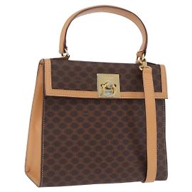 Céline Borsa a mano rotonda CELINE Macadam Canvas PVC Pelle Marrone Oro Auth am12348V