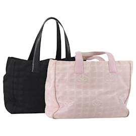 CHANEL Nova Bolsa Tote Linha Travel Nylon Conjunto de 2 Preto Rosa CC Auth fm5434