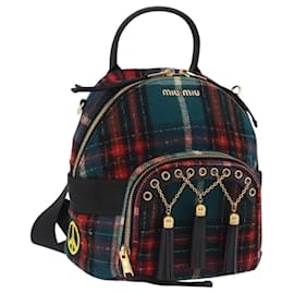 Miu Miu Rucksack Wolle Leder Rot Grün Gold Auth 196641M