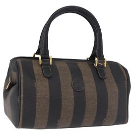 FENDI Pecan Canvas Boston Bag PVC Black Brown gold Auth 199677V