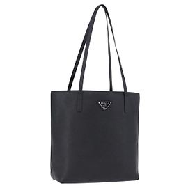 Saco Tote PRADA em couro Saffiano Preto Prata Auth ka5890V