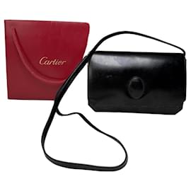 Borsa a tracolla vintage Cartier in pelle nera con chiusura girevole dorata