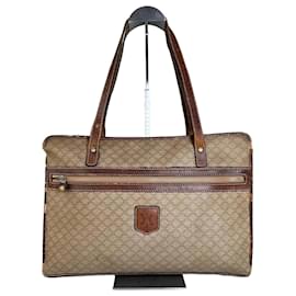 Céline Vintage Celine Canvas Leather Trim Tote Beige Brown Gold