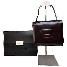 Vintage Gucci strukturierte Lederschultertasche Dunkelbraun Silber