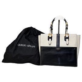 Vintage Giorgio Armani Leder-Tote Schwarz Creme Gold