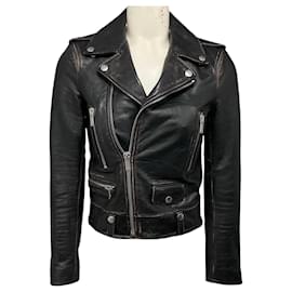 Saint Laurent Bikerjacke aus schwarzem, distressedem Kalbsleder