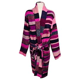 Autre Marque Der Elder Statesman Langen Cardigan aus Kaschmir in Magenta / Pink gestreift mit Gürtel