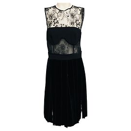 Oscar de la Renta  Black Lace and Velvet Ribbon Skirt Cocktail Dress