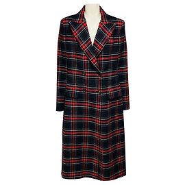 Ermanno Scervino zweireihiger mittellanger Wollmantel in mehrfarbigem Karo schwarz / rot / blau