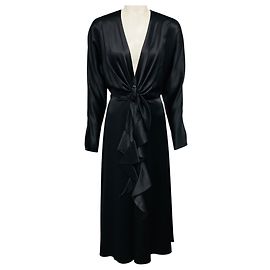 Autre Marque Alejandra Alonso Rojas Schwarzes Midi-Cocktailkleid aus Seide mit Rüschen und langen Ärmeln