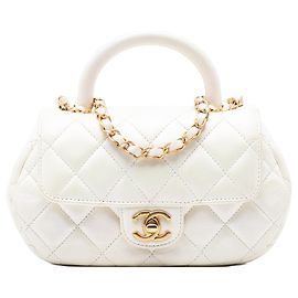 Weiße Chanel CC gesteppte Lammleder Top Handle Bag Satchel