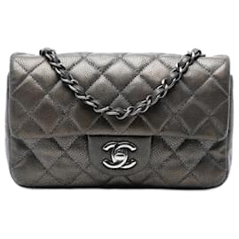 Chanel Mini Rectangular Classic Metallic Caviar Single Flap Crossbody Bag Grau
