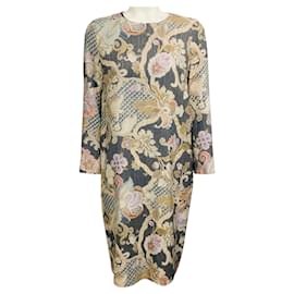Vestido de cóctel midi de manga larga en jacquard gris / beige / plata metalizado Dries Van Noten