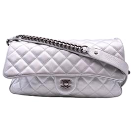 Chanel 2016 Silver Quilted Leather Airline Easy Flap Shoulder Bag