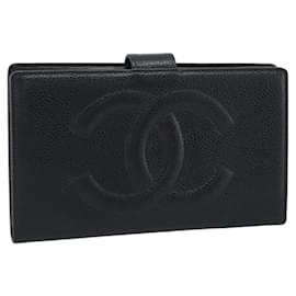 CHANEL COCO Mark Lange Geldbörse Kaviarleder Schwarz Gold CC