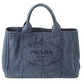 Tote bag Prada in denim blu con logo Canapa
