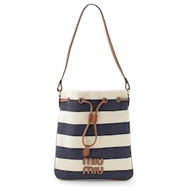 Borsa a mano con coulisse Miu Miu in tela blu a righe con logo