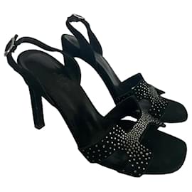 Sandali con tacco alto Hermès in camoscio nero adornati con strass