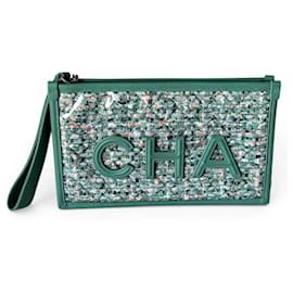 Pouch Chanel in tweed e pelle verde