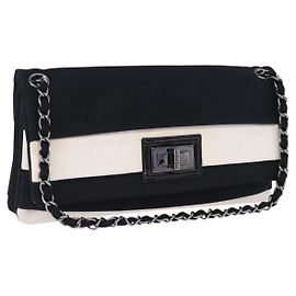 Borsa a tracolla con catena CHANEL 2.55 Nylon Nero Argento CC Auth ka5847A