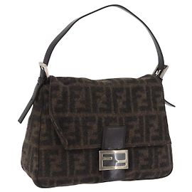 Bolso de hombro FENDI Zucca Canvas Mamma Baguette Lana Brown Black Auth BA15090V
