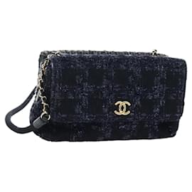 Borsa a tracolla con catena CHANEL Tweed Nero Tono Oro CC Auth BA14816SM