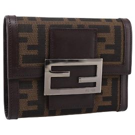 FENDI Zucca Canvas Trifold Wallet Brown Silver 8M0011 Auth 200165A