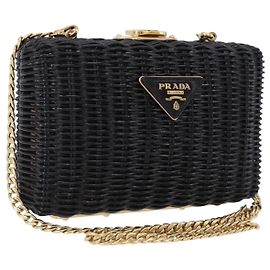 Borsa a tracolla con catena PRADA in rattan nero e oro Auth 197136M