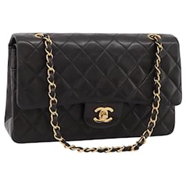 Borsa CHANEL Double Flap Chain Matelasse 25 in Pelle di Agnello Nera e Oro Auth yk20797SAM