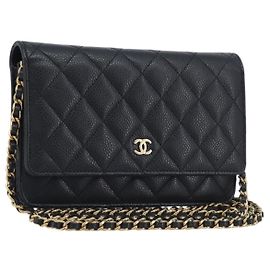 Portafoglio a catena CHANEL Matelasse Bag Caviar Skin Black Gold CC Auth 195222V