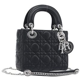 Borsa a mano Christian Dior Lady Dior in pelle d'agnello 2way Nero Argento Auth BA14814SM