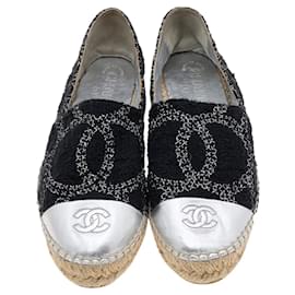 Espadrillas Chanel CC in Tweed e Pelle di Agnello Metallizzata - Nero/Argento