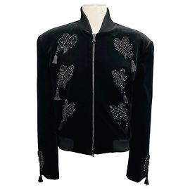Max Mara Sfilata Samtjacke in Schwarz mit Perlen- und Quastenverzierung und Reißverschluss