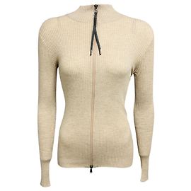 Brunello Cucinelli Beige / Gold Metallic Shimmer Langarm-Oberteil mit Reißverschluss