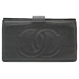 Chanel Carteira longa francesa vintage em couro preto com logo CC e porta-moedas