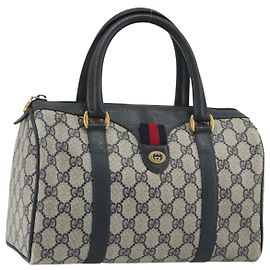 GUCCI GG Supreme Sherry Line Boston Bag PVC Navy Gold 40 02 006