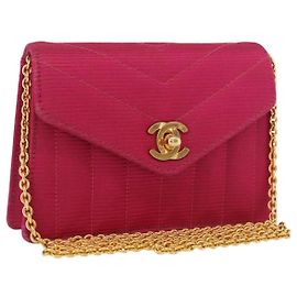 CHANEL V Stitched Chain Shoulder Bag Satin Pink Gold CC