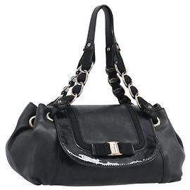 Salvatore Ferragamo Vara Ribbon Chain Hand Bag Leather Black