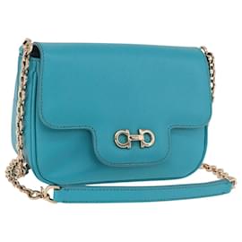 Salvatore Ferragamo Gancini Chain Shoulder Bag Leather Blue Gold