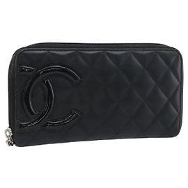 CHANEL Matelasse Cambon Line Cartera Larga Cuero Negro Plata CC