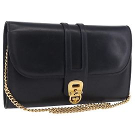 GUCCI Chain Shoulder Bag Leather Navy Gold